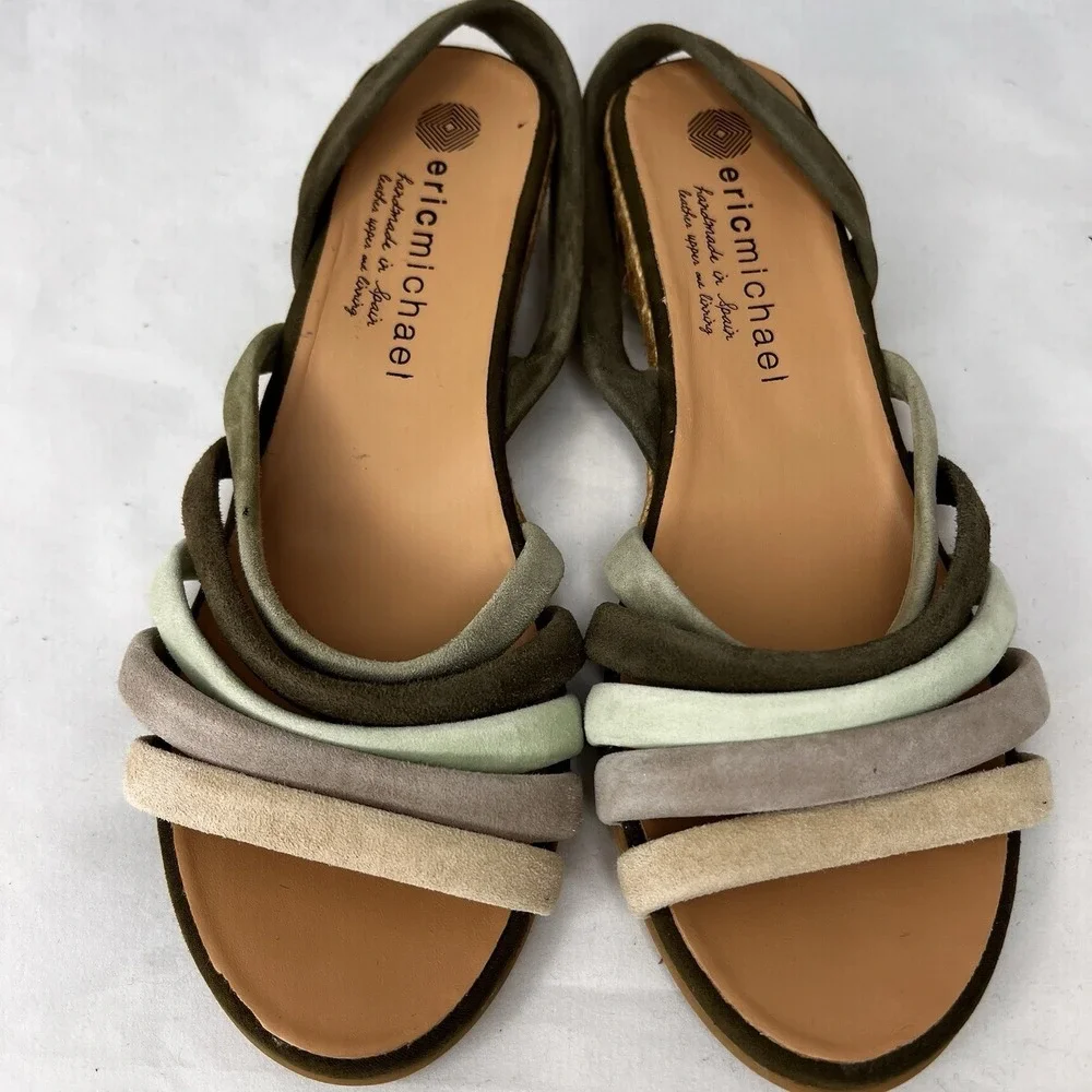 Eric Michael Spain Leather Espadrille Wedge Sandals Womens 38 Multicolor
